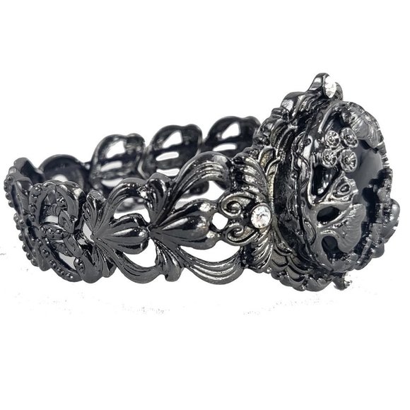 Gunmetal Tone Floral Stretch Bracelet with Black Stone & Crystals - Picture 2 of 3